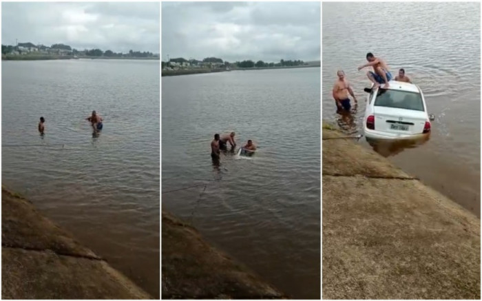 Carro foi retirado do lago com ajuda de um caminhão guincho. 