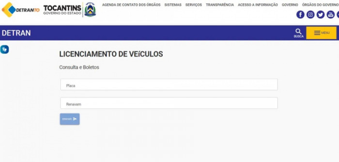 Página de emissão de boletos do Detran Tocantins