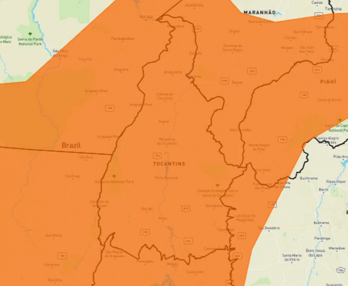 Alerta laranja de chuvas intensas valendo para todo o Tocantins
