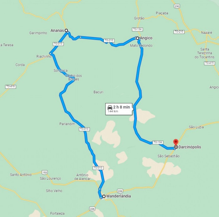 Rota passando pelas cidades de Riachinho, Ananás e Angico até retornar à BR-226 aumenta viagem em 110 km. 