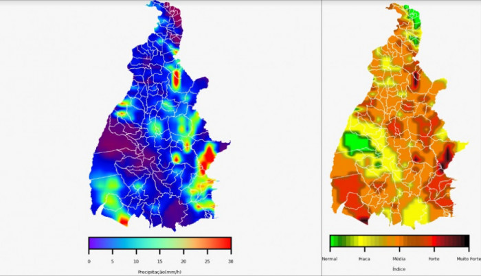 Mapa com volume (quadro 1) e intensidade (quadro 2) da chuva no Tocantins para esta quinta-feira, dia 4. Fonte: NetClima