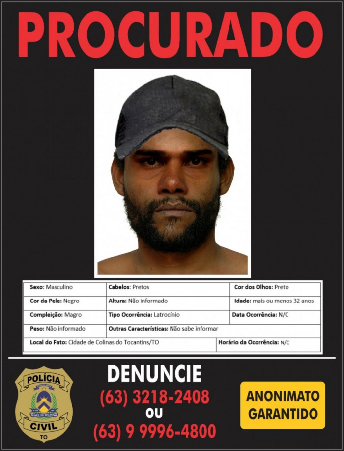 Instituto de Identificação realizou retrato falado do suspeito. Foto: Divulgação SSP-TO