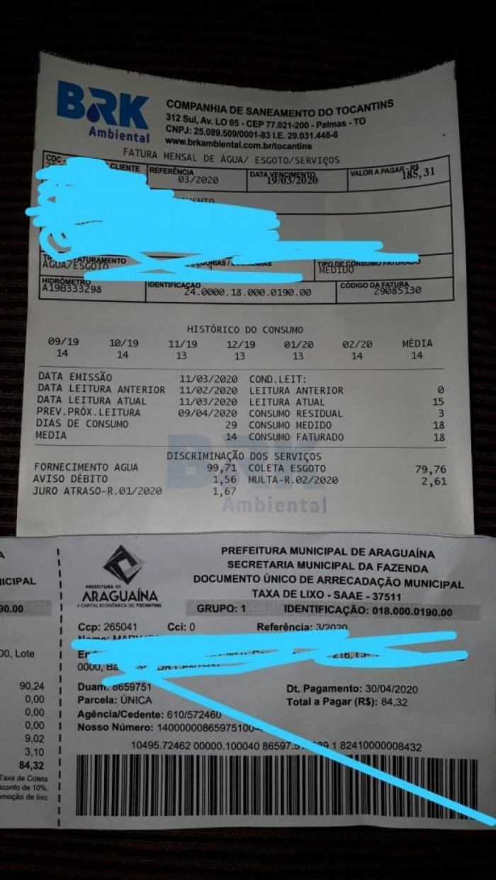 Boleto foi enviado junto com a conta de água do mês de março.